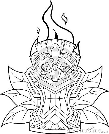 Outlined Cartoon Tiki Tribal Wooden Mask With Flames And Leaves Vector Illustration