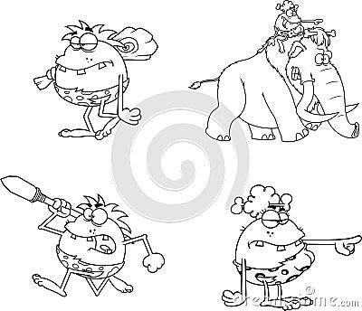 Outlined Caveman Cartoon Characters. Vector Hand Drawn Collection Set Vector Illustration