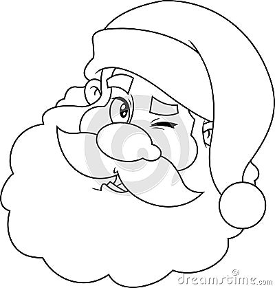 Outlined Classic Santa Claus Face Portrait Cartoon Character Winks Vector Illustration