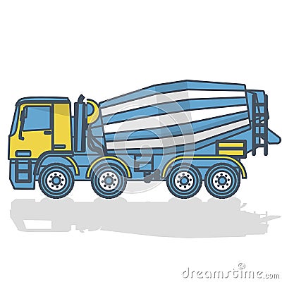 Outlined concrete mixer on white. Blue yellow construction machinery and ground works Vector Illustration