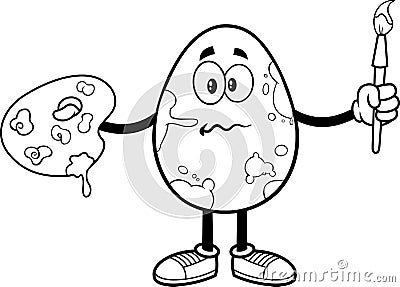 Outlined Confused Egg Cartoon Character Spattered and Holding A Paintbrush And Palette Vector Illustration