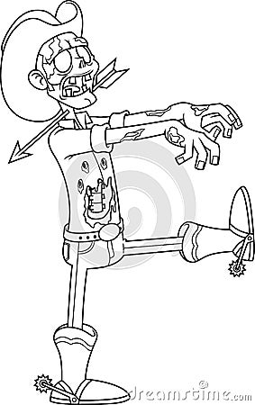 Outlined Cowboy Zombie Cartoon Character Walking Vector Illustration