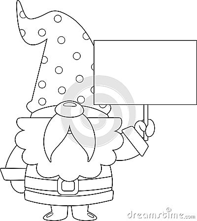 Outlined Cute Christmas Gnome Cartoon Character Holding Up A Blank Sign Vector Illustration