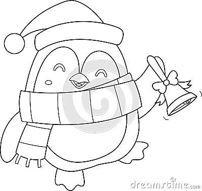 Outlined Cute Christmas Penguin Cartoon Character Ringing A Bell Vector Illustration