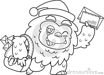 Outlined Cute Christmas Yeti Bigfoot Cartoon Character Delivering Letter Vector Illustration