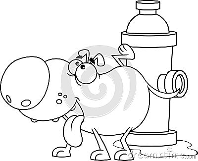 Outlined Cute Dog Cartoon Character Peeing On A Fire Hydrant Vector Illustration