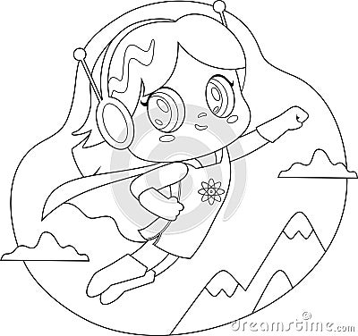 Outlined Cute Super Hero Kid Girl Cartoon Character Flying Vector Illustration