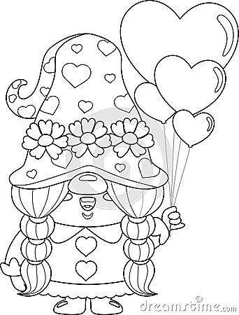 Outlined Cute Valentine Female Gnome Cartoon Character With Heart Balloons Vector Illustration