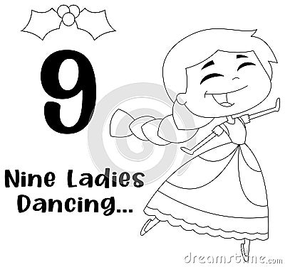 Outlined The 12 Days Of Christmas - 9Th Day - Nine Ladies Dancing Vector Illustration