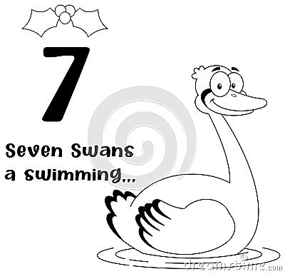 Outlined The 12 Days Of Christmas - 7Th Day - Seven Swans A Swimming Vector Illustration