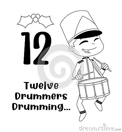 Outlined The 12 Days Of Christmas - 12Th Day - Twelve Drummers Drumming Vector Illustration