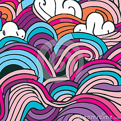 Outlined Doodles With Colourful Waves Vector Illustration