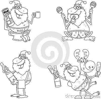 Outlined Drunk Naked Santa Claus And Reindeer Cartoon Characters. Vector Hand Drawn Collection Set Vector Illustration