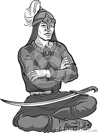 Outlined ethnic mongolian warrior silhouette. Vector illustration Cartoon Illustration
