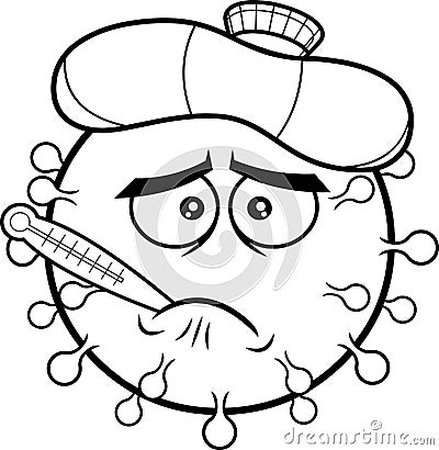 Outlined Feverish Sick Coronavirus COVID-19 Cartoon Emoji Character With Ice Pack Vector Illustration