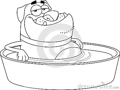 Outlined Funny Bulldog Cartoon Character Bathing In A Tub Water Vector Illustration