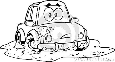 Outlined Funny Car Cartoon Character Stuck Mud Dirty Puddle Vector Illustration