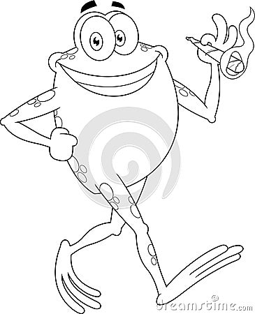 Outlined Funny Frog Cartoon Character Walking And Smoking A Joint Vector Illustration