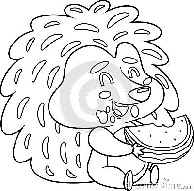 Outlined Funny Hedgehog Cartoon Character Eating Watermelon Vector Illustration