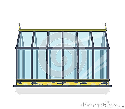 Outlined greenhouse with glass walls, foundations, garden bed Vector Illustration