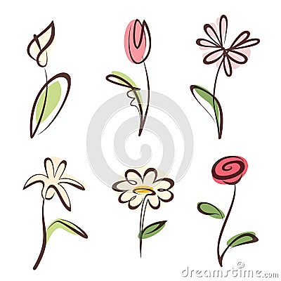 Outlined hand drawn flower collection Vector Illustration