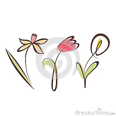 Outlined hand drawn flower collection Vector Illustration