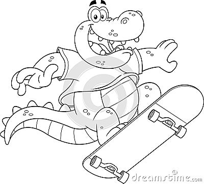 Outlined Happy Alligator Or Crocodile Cartoon Character Jumping With Skateboard Vector Illustration