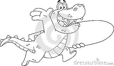 Outlined Happy Alligator Or Crocodile Cartoon Character Running With A Surfboard Vector Illustration