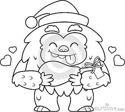 Outlined Happy Christmas Yeti Bigfoot Cartoon Character With Christmas Gift Leg Meat Vector Illustration