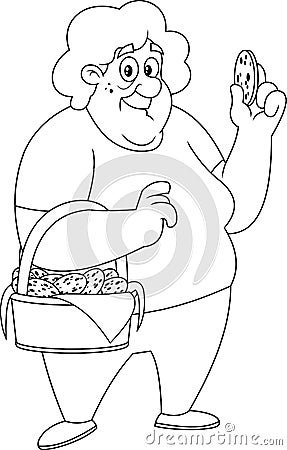 Outlined Happy Grandma Cartoon Character With A Basket Of Homemade Cookies Vector Illustration