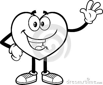 Outlined Happy Heart Cartoon Character Waving For Greeting Vector Illustration