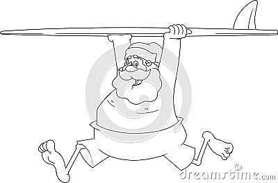 Outlined Happy Santa Claus Cartoon Character Running With A Surfboard Vector Illustration