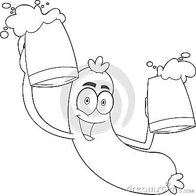 Outlined Happy Sausage Cartoon Character Holding Two Mugs Of Beer Vector Illustration