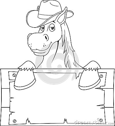 Outlined Horse Cartoon Mascot Character With Cowboy Hat Over A Blank Wooden Sign Board Vector Illustration