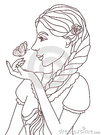 Outlined illustration of a pretty smiling girl with a butterfly Vector Illustration