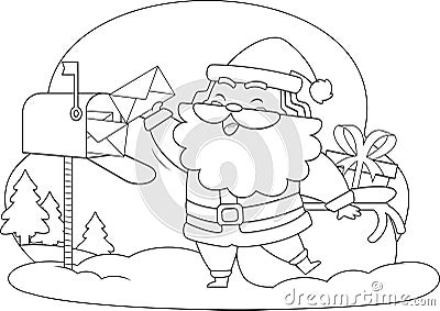 Outlined Santa Claus Cartoon Character Takes Letters From Mail Box Vector Illustration