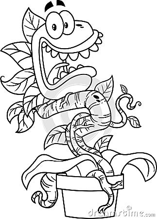 Outlined Scared Evil Carnivorous Plant Cartoon Character Vector Illustration