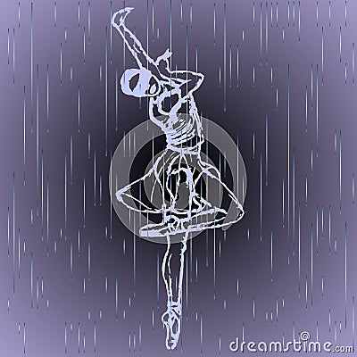 Outlined silhouette of blind girl which dancing in the rain on grey background. Balet dancer. Stock Photo