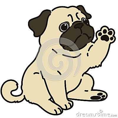 Outlined simple and cute pug sitting and waving hand Vector Illustration