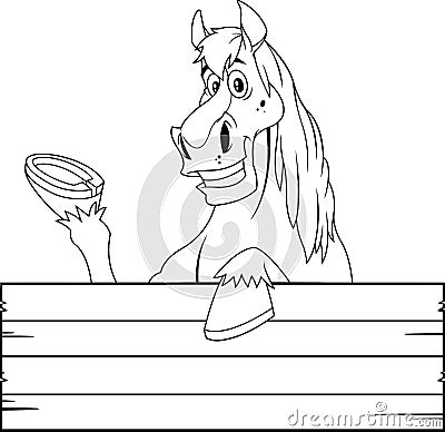 Outlined Smiling Horse Cartoon Mascot Character Over A Blank Wooden Sign Board Waving Vector Illustration