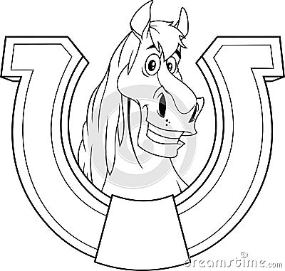 Outlined Smiling Horse Head Cartoon Mascot Character In A Horseshoe Vector Illustration