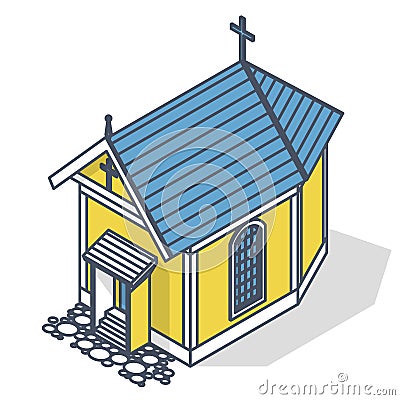 Outlined vector Christian small church, isometric perspective, isolated on white background Vector Illustration