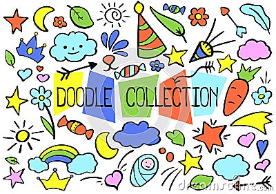 Outlined vector doodle set in bright color palette. Funny nursery doodle collection for journaling or web design. Stock Photo