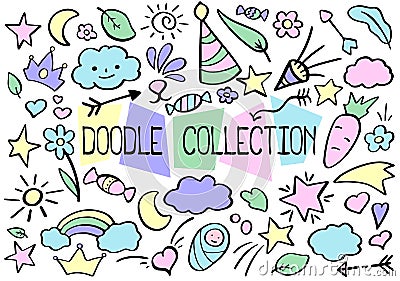 Outlined vector doodle set in pastel color palette. Funny nursery doodle collection for journaling or web design. Stock Photo