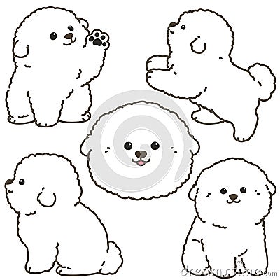 Outlined white Bichon Frise illustrations set Vector Illustration