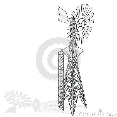 Outlined wind pump for pumping of water on farm. Home wind power plant for power generation. Vector Illustration