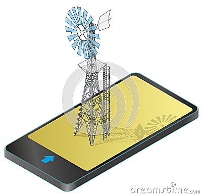 Outlined wind pump for pumping of water on farm in mobile phone. Vector Illustration