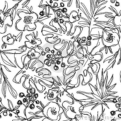 Outlines jungle flowers seamless pattern. hand-drawn botanical illustration. Cartoon Illustration