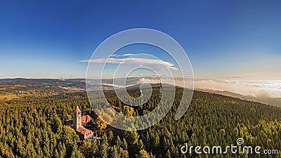 Outlook tower in Cerna Studnice, aerial shot Stock Photo