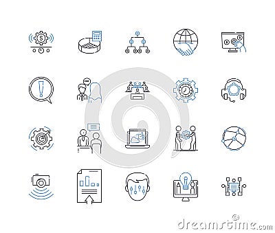 Output line icons collection. Results, Yield, Outcome, Production, Performance, Feedback, Return vector and linear Vector Illustration